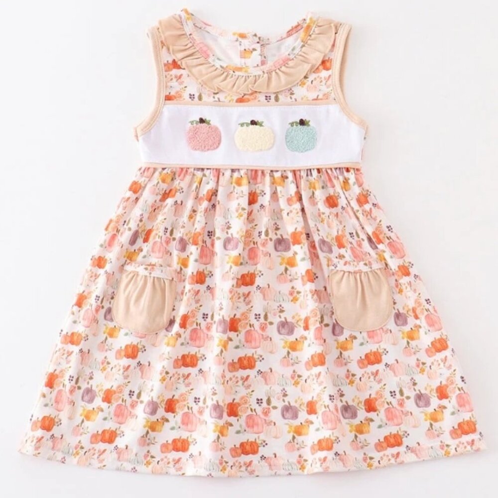 Boutique Pumpkin Chenille Patch Short Sleeve Girls Dress